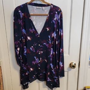 LOGO Lori Goldstein Women's Watercolor Button Down V-Neck Top